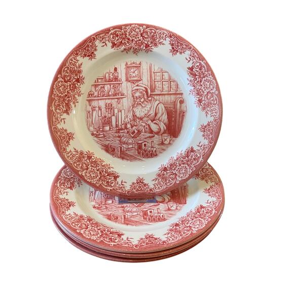 4pc Royal Stafford Christmas SANTA'S WORKSHOP Porcelain Dinner Plates 11" Red - Picture 15 of 15